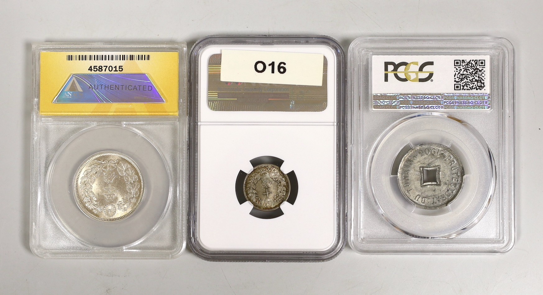 Japan coins, 10 sen 1896, NGC slab, MS66, scarce in this grade, 50 sen 1916, ANACS slab, MS63, scarce in this grade, and French Protectorate, Tonkin 1/600th piastre 1905, PCGS slab, MS62